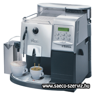 A képen egy Saeco Royal Cappuccino kávéfőző látható szemből, amint épp egy cappuccino-t és egy kávét készít.