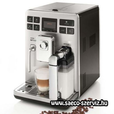 A képen egy Saeco Exprelia kávéfőző látható szemből, épp cappuccino-t készített.